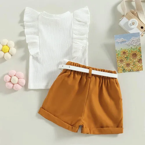Vista 23 de TheFound Trajes de verano para niñas pequeñas, sin mangas, de punto acanalado, halter, pantalones cortos, ropa para recién nacidos, conjunto de 3