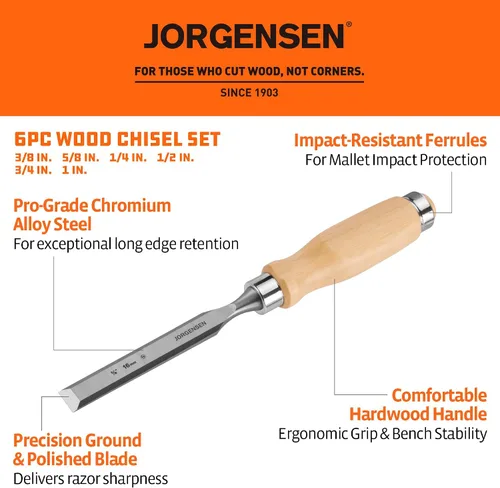 Vista 2 de Jorgensen Juego de cinceles de madera de 6 piezas, 1/4", 3/8", 1/2", 5/8