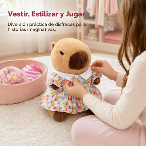 Vista 6 de Capybara - Juguete de peluche con 7 piezas de ropa y accesorios, lindo animal de peluche Capybara con trajes (marrón)