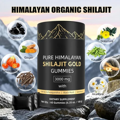 Vista 3 de Gomitas Shilajit del Himalaya de 3000 mg de oro para hombres y mujeres, orgánicas y naturales con más de 85 minerales esenciales y ácido fúlvico