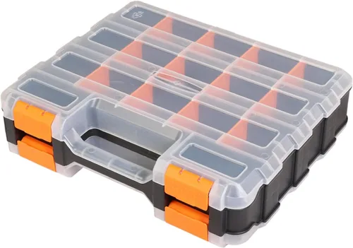 Vista 12 de Jack Boss Caja de herramientas con tapa transparente, caja organizadora de 34 compartimentos de doble cara con divisores extraíbles para herrajes