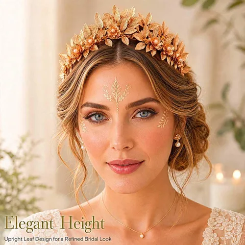 Vista 4 de Brishow Diadema de tiara de hoja dorada, corona de laurel griega con flores de perlas para mujer