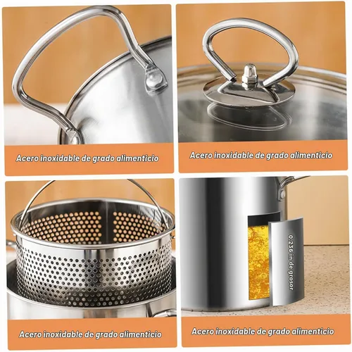 Vista 6 de Olla para freír con cesta, olla de 3.5 litros de acero inoxidable pequeña freidora profunda con mango antiquemaduras olla de pescado y cesta
