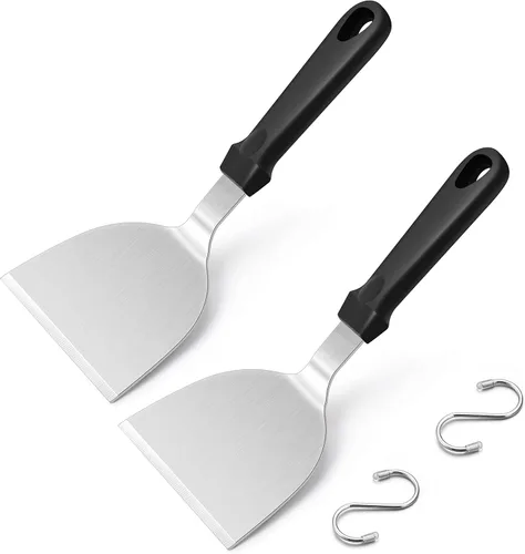 Vista 9 de HaSteeL - Juego de 2 espátulas de metal para plancha de acero inoxidable con asas de plástico ABS, herramientas profesionales para plancha