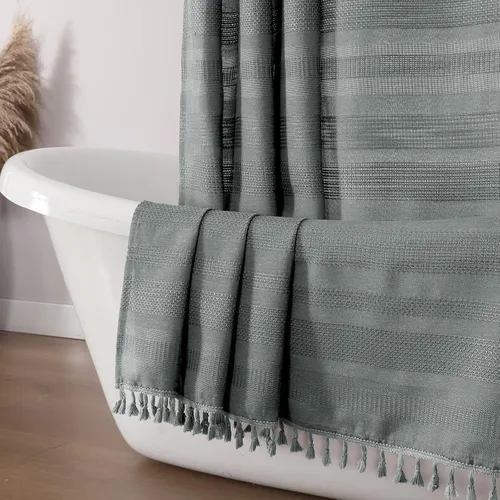 Vista 15 de OVZME Cortina de ducha bohemia negra, cortina de ducha estrecha de tela suave a rayas de lino texturizado con borla, moderna decoración de baño
