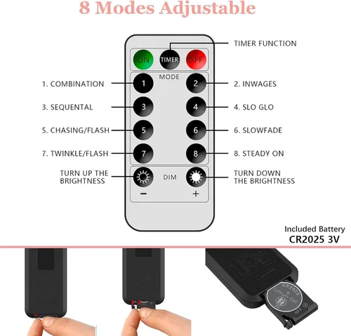 Vista 7 de VIPMOON Guirnalda de luces artificiales de 20 LED de 10 pies, funciona con pilas, con control remoto, tira de luces blancas cálidas impermeables