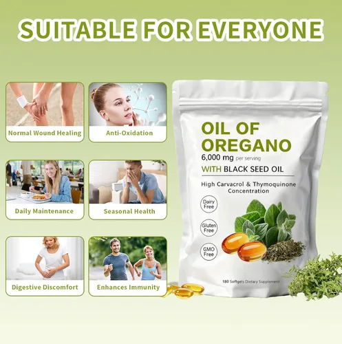 Vista 6 de Cápsulas blandas de aceite de orégano – Aceite de orégano con aceite de semilla negra de 6000 mg Aceite de orégano 2 en 1 Sin OMG – Sin gluten