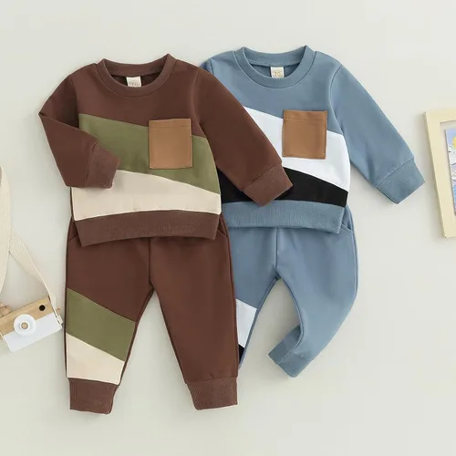 Vista 8 de BeQeuewll Ropa para bebé niño de otoño e invierno, 2 piezas, bloque de color, sudadera y pantalones con cuello redondo