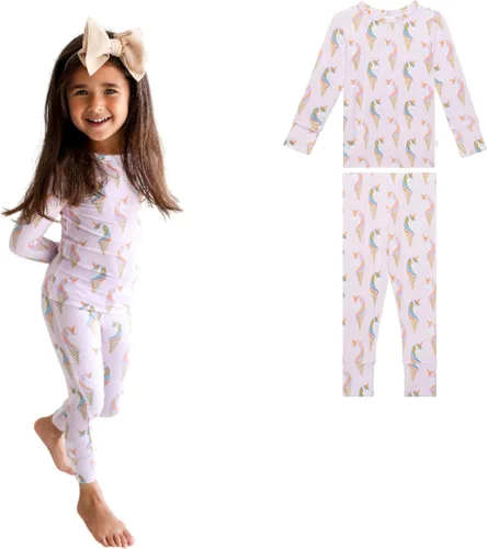 Vista 40 de Posh Peanut Pijamas para niñas, suaves, de viscosa de bambú para niños, pijamas a juego de manga larga para niñas