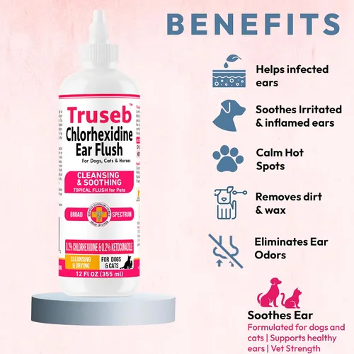 Vista 6 de Truseb Advanced - Lavado Tópico de Oídos para Perros con Ketoconazol y Clorhexidina para Perros, Gatos y Caballos, con Aloe - 12 oz Hecho en EE.UU.
