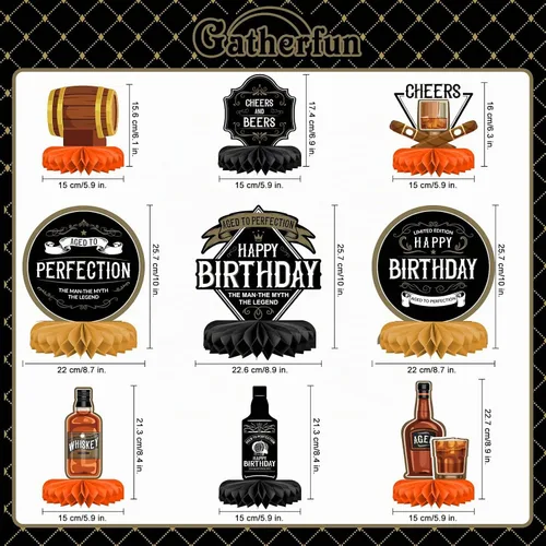 Vista 2 de Decoraciones de fiesta de cumpleaños con patrón de whisky para hombres, centro de mesa de whisky en forma de panal, decoraciones de mesa