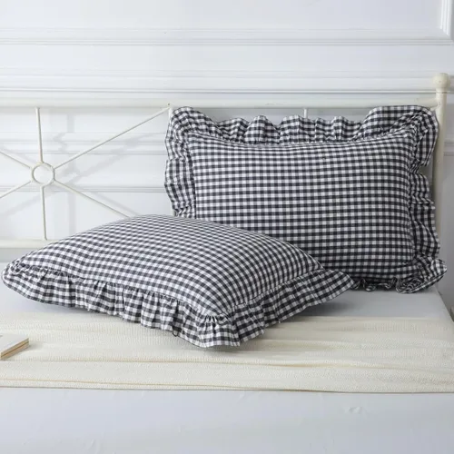 Vista 14 de Mywinlle juego de 2 fundas para cojín con volantes a cuadros negro/blanco, fundas de almohada decorativas de algodón lavado a cuadros estilo granja