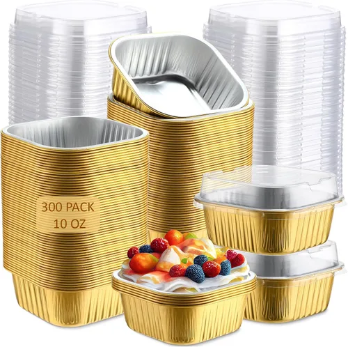 Vista 12 de Aoriher 300 piezas de moldes mini para pasteles de 10 onzas con tapas, moldes de papel de aluminio para hornear, moldes cuadrados desechables