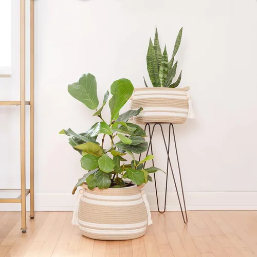 Vista 6 de Cestas tejidas para plantas de interior (juego de 2) – Macetas bohemias para decoración del hogar