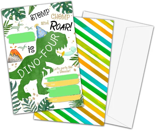 Vista 7 de Invitaciones de primer cumpleaños, tarjetas de invitación de fiesta de dinosaurios para niños y niñas, 20 invitaciones de relleno de doble cara
