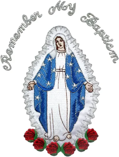 Vista 2 de Parche bordado completo con apliques de Virgen María, diseño plateado metálico de Santa María (sin letras)