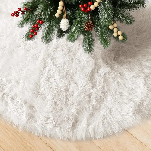 Vista 9 de Falda de árbol de Navidad de felpa negra de 24 pulgadas, pequeña, de piel sintética gruesa, lujosa decoración navideña para Año Nuevo, decoración