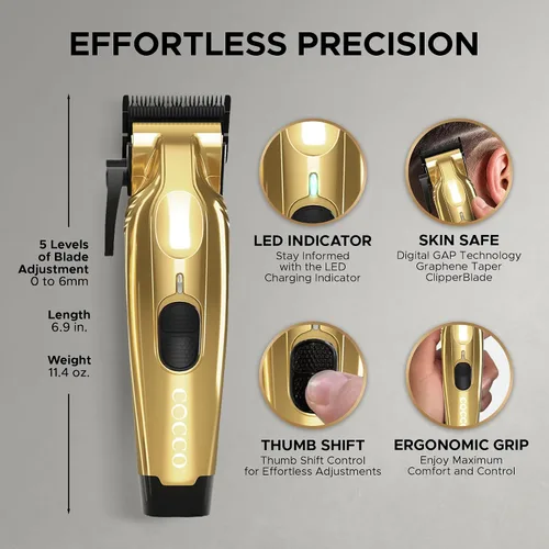Vista 2 de Cocco Veloce Pro Clipper, Digital Gap Ambassador Graphene Taper Blade Profesional Clipper, Motor BLDC de alto par, totalmente metálico, inalámbrico