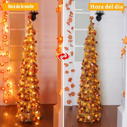 Vista 4 de Árbol de otoño de 5 pies, árbol de arces de oropel con 50 luces blancas