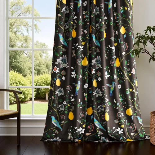 Vista 8 de MUSSEL Cortinas florales de terciopelo de 63 pulgadas de largo, cortinas botánicas de lujo para oscurecer la habitación, 2 paneles de colibrí