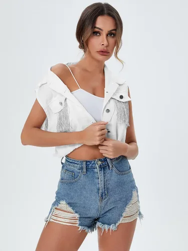 Vista 4 de Verdusa Chaleco de mezclilla sin mangas con flecos y flecos para mujer