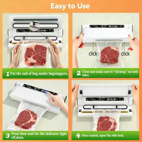Vista 3 de Máquina selladora al vacío de alimentos, succión fuerte de 75 KPA, modos seco/húmedo, 20 bolsas incluidas, temporizador digital de cuenta regresiva