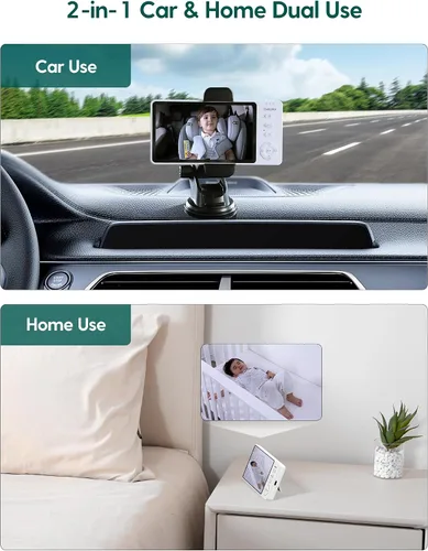 Vista 4 de Babelio - Cámara inalámbrica de coche para bebé con visión nocturna HD de 5 pulgadas, monitor de asiento trasero orientado hacia atrás alimentado