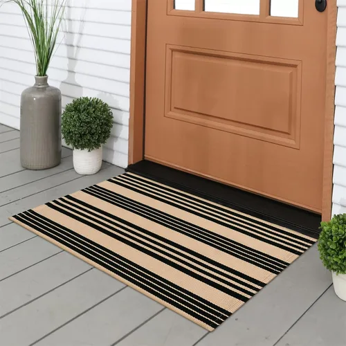 Vista 7 de Tiveney Tapete de 2 x 3 pulgadas para puerta delantera, color negro y caqui, tapetes de bienvenida para puertas exteriores, lavables, reversibles