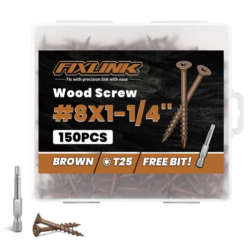 Vista 25 de Tornillos de madera de 1 pulgada, tornillos de cubierta FIXLINK #8 x 1, 150 piezas, con revestimiento epoxi, T25 Star Bit con revestimiento