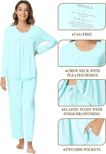 Vista 4 de NACHILA Pajamas Set for Women- Viscose Made from Bamboo, Long Sleeve Pjs Soft Sleepwear Comfy Loungewear Sets with Pants