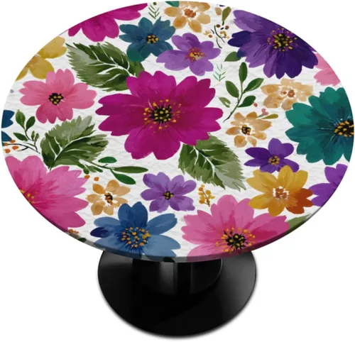 Vista 11 de Pardick Mantel redondo ajustado con borde elástico, mantel de mesa redonda con diseño de hojas abstractas y coloridas, impermeable y lavable, ideal
