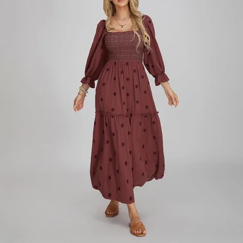 Vista 5 de Vestido largo bordado floral para mujer, manga larga abombada, cuello cuadrado, fruncido y escalonado, vestido largo bohemio fluido