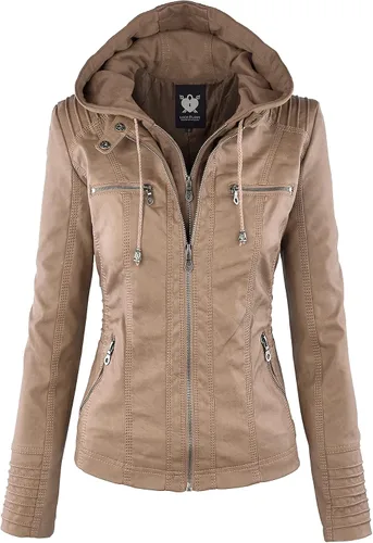 Vista 20 de Lock and Love Chaqueta Abrigo de Moto Motociclista de Piel Sintética para Mujer con Capucha Extraíble o No Extraíble Wjc1044_negro