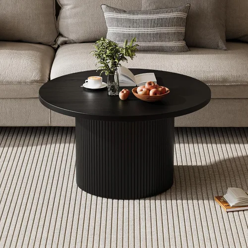 Vista 7 de MAISONARIA - Mesa de café redonda negra con marco de metal, mesas de café de 35" para sala de estar, mesa de centro de madera circular con acento