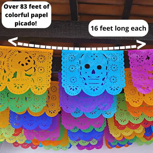 Vista 3 de Cartel de papel picado Dia de Los Muertos, guirnaldas de papel de seda del Día de los Muertos, decoraciones de fiesta mexicana, paquete de 5 83