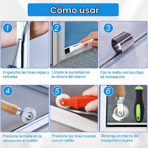 Vista 4 de Kit de reparación de pantalla de ventana, kit de herramientas de reparación de rodillos de malla con clips de instalación de pantalla, kit