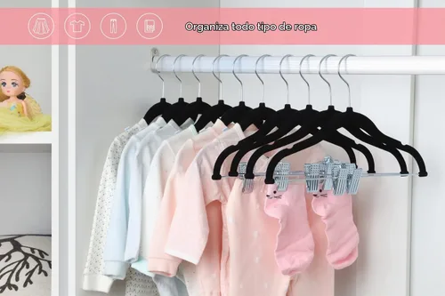 Vista 7 de ManGotree - Perchas de terciopelo para bebé de 11.8 pulgadas con clips móviles, paquete de 16, color negro