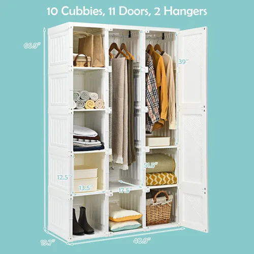 Vista 4 de Tangkula Armario Closet Portátil, Organizador de Ropa Plegable con Almacenamiento de Cubículos, Varillas para Colgar, Fácil de Ensamblar
