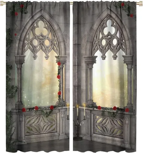 Vista 19 de Cortinas góticas con diseño de luna de Halloween, historia, puerta espeluznante, fondo de terror, vela, ficción, patrón de impresión, sala de estar