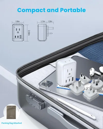 Vista 7 de VINTAR - Kit de adaptador de viaje universal, adaptador de enchufe internacional con 3 puertos USB (2 USB C, 3.4 A) y 2 salidas americanas, tipo A