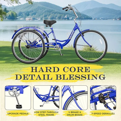 Vista 6 de Betterland Triciclo para adultos de 24/26 pulgadas, triciclo cómodo con canasta grande, bicicleta de crucero estable de 3 ruedas para compras