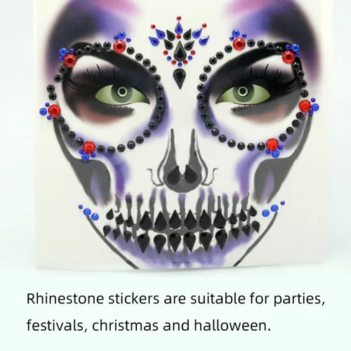 Vista 5 de Joyas para la cara de Halloween, gemas tatuajes, tatuajes temporales negros, diamantes de imitación azules, cara de calavera falsa, tatuaje falso