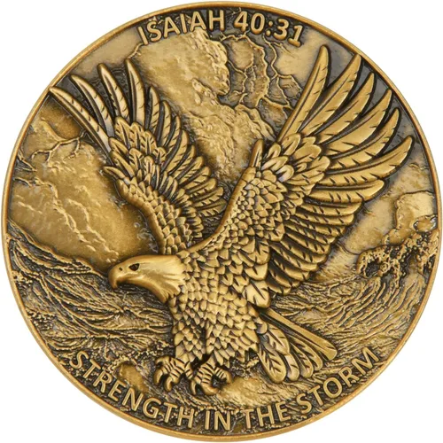 Vista 10 de Moneda de desafío de águila 3D de doble cara de aleación de zinc de 1.57 pulgadas, diseño inspirador colorido con Isaías 40:31, tema de fuerza