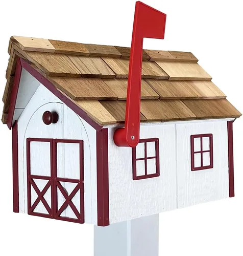 Vista 15 de Buzón de madera estilo «amish» con techo de cedro de Peaceful Classics con ventana y molduras de puerta, buzones artesanales para exterior, buzones