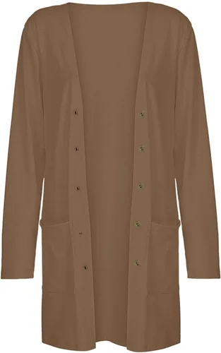 Vista 5 de Cárdigan largo casual con frente abierto para mujer, talla grande, color sólido, manga larga, abrigo con bolsillos