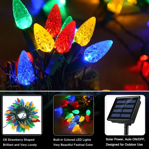 Vista 10 de HUGSVIK - Cadena de luces solares de Navidad de 39 pies, 100 LED, 8 modos, luces C6 de fresa, luces impermeables para exterior, para árbol