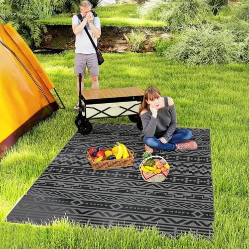 Vista 13 de Outsunny Alfombra de exterior para patio impermeable 9' x 18' rombo negro y Borde rombo negro y gris