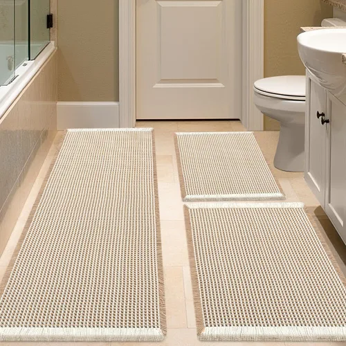 Vista 20 de IM HOME Tapete de baño de punto gofre, color caqui, de 24 x 17 pulgadas, tejido bohemio, moderno, absorbente, antideslizante, suave, lavable