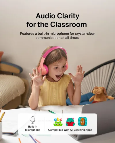 Vista 5 de Belkin SoundForm Mini con estuche - Auriculares inalámbricos Bluetooth para niños con vida útil de batería de 30H, límite de volumen seguro de 85dB