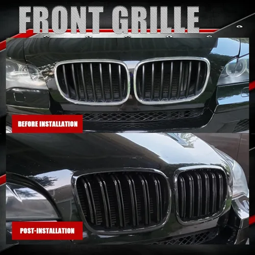 Vista 3 de Rejilla frontal de riñón compatible con BMW X5 E70 2007-2013 X6 E71 2008-2014, rejilla ABS de doble ranura en negro brillante, 2 piezas